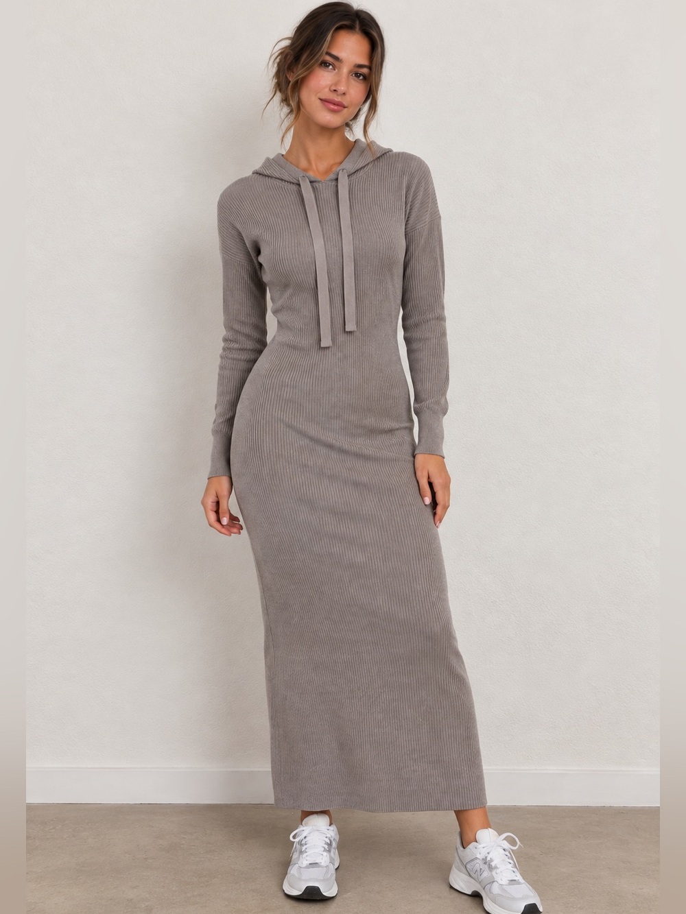 NWOT Ribbed Hooded Maxi Dress in Taupe